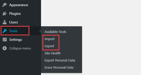 گزینه های Import and Export در منوی Tools در داشبورد وردپرس